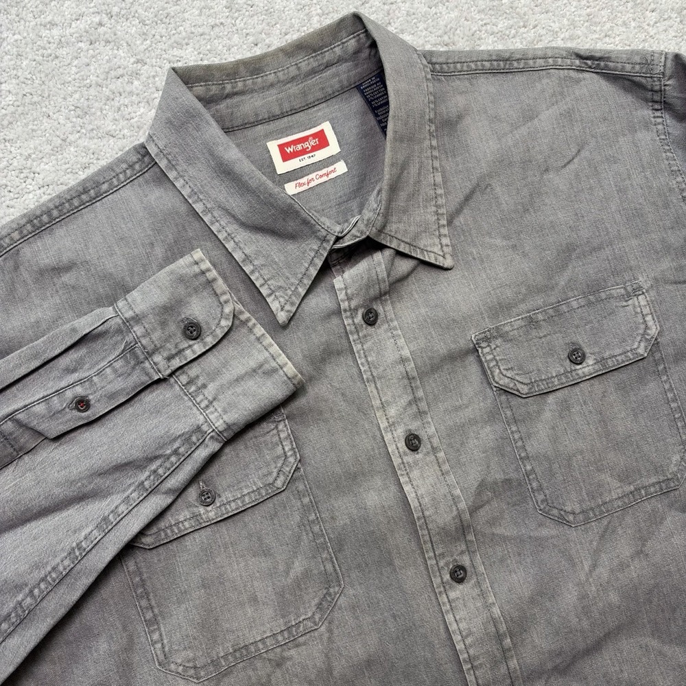 Wrangler Mens 2XL Gray Comfort Flex Denim Shirt Long Sleeve Western Workwear